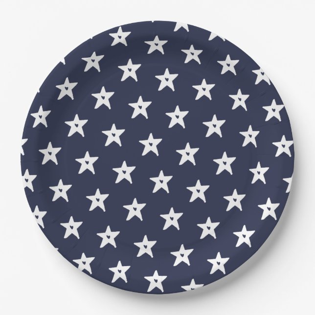 Patriotic Blue and White Stars with Hearts Paper Plate (Front)