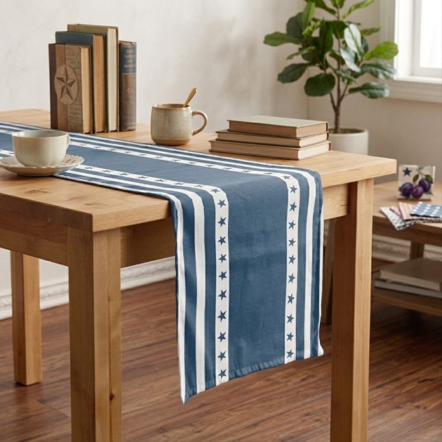 Patriotic Blue and White Stripes with Stars Long Table Runner (Patriotic Blue and White Stripes with Stars Long Table Runner)
