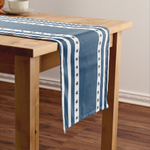 Patriotic Blue and White Stripes with Stars Long Table Runner