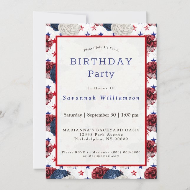 Patriotic Blue Red Star Rose Bouquet Birthday Invitation (Front)