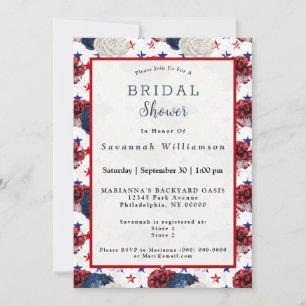 Patriotic Blue Red Star Rose Bouquet Bridal Shower Invitation