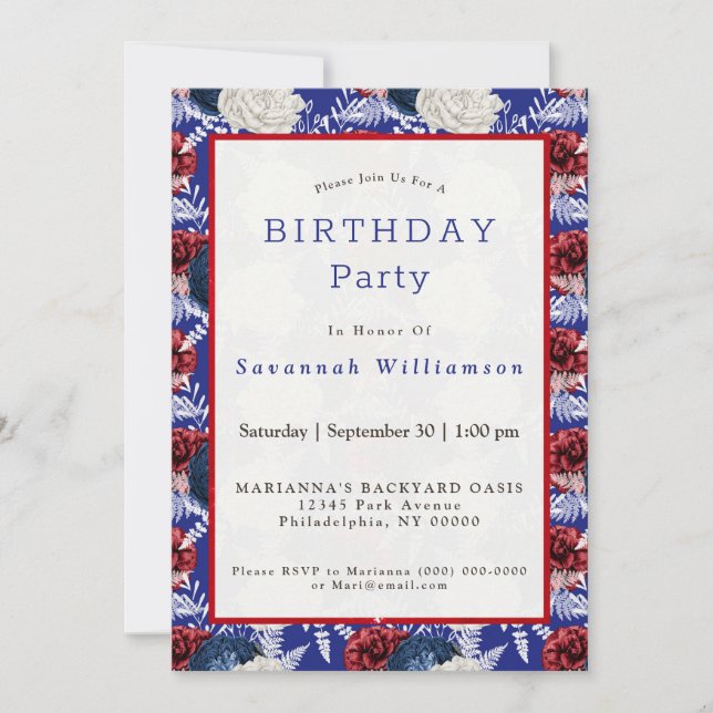 Patriotic Blue White Red Rose Birthday Invitation (Front)