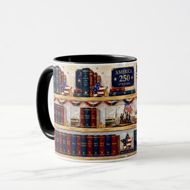 Patriotic Bookshelf Mug, Anniversary Coffee Cup (Front Left)