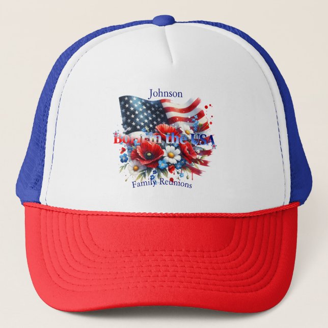 Patriotic Born in the USA Personalizable Family Trucker Hat (Front)