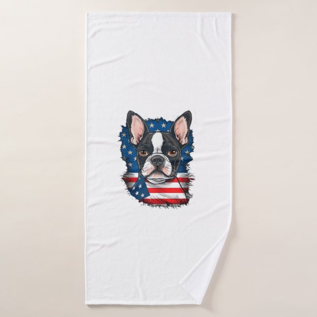 Patriotic Boston Terrier Dog Puppy American Flag 4 Bath Towel (Bath Towel)