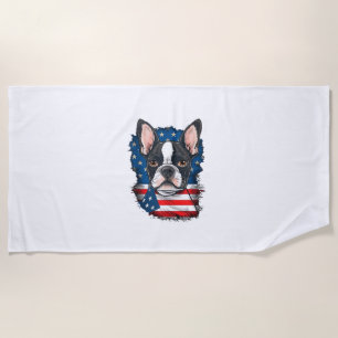 Patriotic Boston Terrier Dog Puppy American Flag 4 Beach Towel