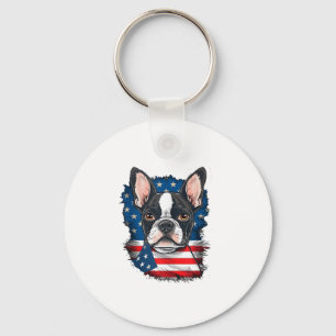 Patriotic Boston Terrier Dog Puppy American Flag 4 Key Ring