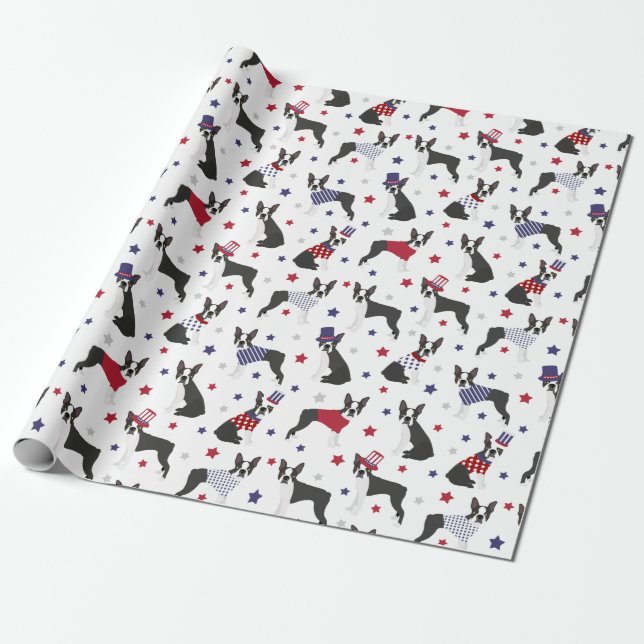 Patriotic Boston Terrier Dog Wrapping Paper (Unrolled)