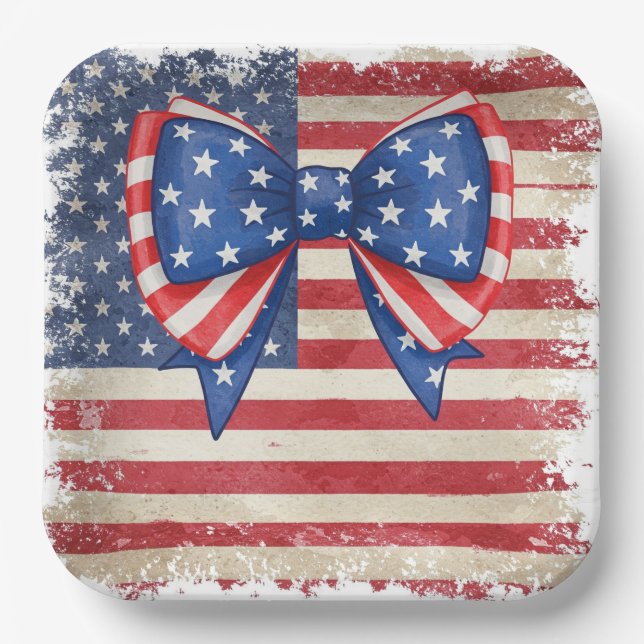 Patriotic Bow & Flag Birthday Party Supplies Paper Plate (Front)