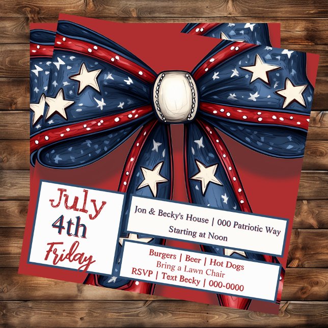 Patriotic Bow in Red White and Blue with Stars Invitation (Stars and stripes on a flirty bow for Independence Day on customizable party invitation. )