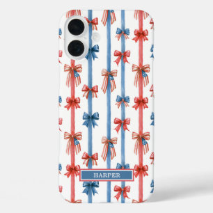 Patriotic Bows and Stripes Monogrammed iPhone 16 Plus Case