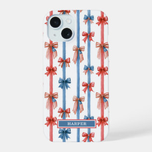 Patriotic Bows and Stripes Monogrammed iPhone 15 Case