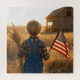 Patriotic Boy with American Flag and Wheat Jigsaw Puzzle