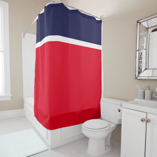Patriotic Bright Red White Navy Blue Colour Block Shower Curtain (In Situ)