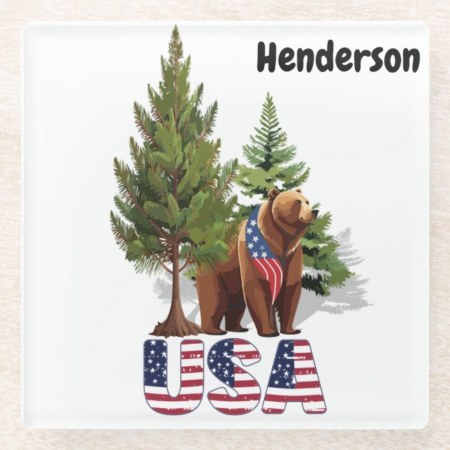 Patriotic Brown Bear In PIne Trees American Flag Glass Coaster (Front)