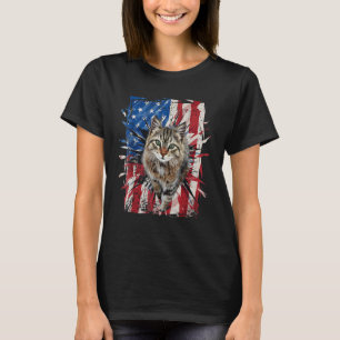 Patriotic Brown Cat Torn American Flag 4th Of July T-Shirt