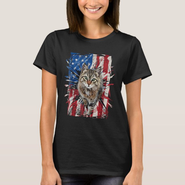 Patriotic Brown Cat Torn American Flag 4th Of July T-Shirt (Front)