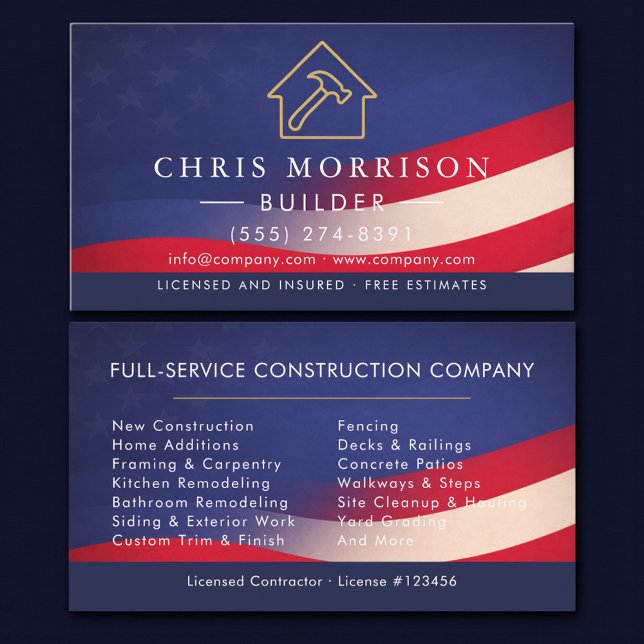 Patriotic Builder Modern Construction  Business Card (Creator Uploaded)