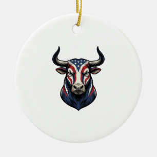 Patriotic Bull Head Vintage Engraving Design_1 Ceramic Tree Decoration
