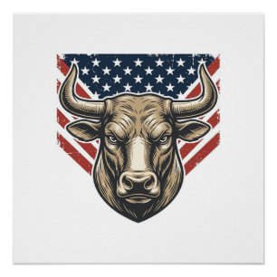 Patriotic Bull Head Vintage Engraving Vector Art_1 Poster