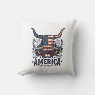 Patriotic Bull Skull America Vintage 4th of July S Cushion