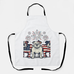 Patriotic Bulldog Fireworks Vintage Engraving Desi Apron