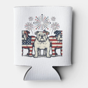 Patriotic Bulldog Fireworks Vintage Engraving Desi Can Cooler