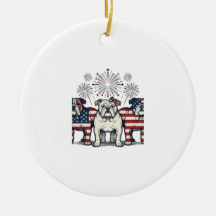 Patriotic Bulldog Fireworks Vintage Engraving Desi Ceramic Tree Decoration
