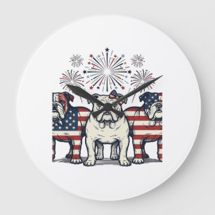 Patriotic Bulldog Fireworks Vintage Engraving Desi Large Clock