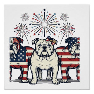 Patriotic Bulldog Fireworks Vintage Engraving Desi Poster