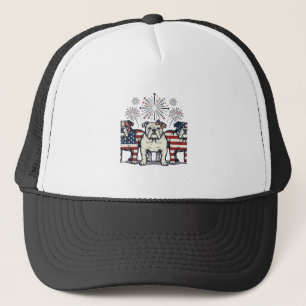 Patriotic Bulldog Fireworks Vintage Engraving Desi Trucker Hat