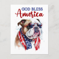 Patriotic Bulldog, God Bless America Postcard