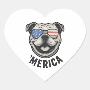 Patriotic Bulldog 'MERICA � USA Flag Sunglasses De Heart Sticker