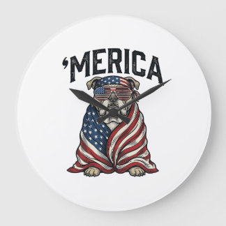 Patriotic Bulldog 'Merica Vintage Vector Shirt Des Large Clock
