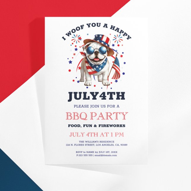 Patriotic Bulldog Woof you Happy July 4 Invitation (Creator Uploaded)