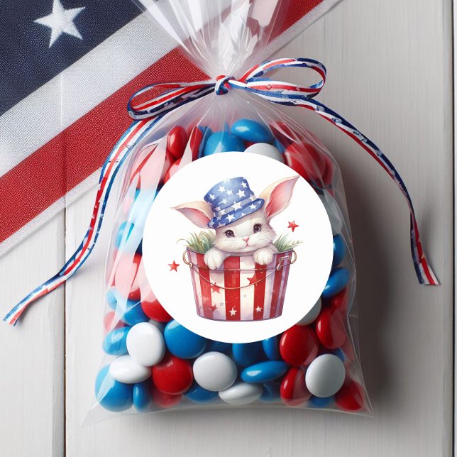 Patriotic Bunny Rabbit Red White Blue Stars Stripe Classic Round Sticker (Cute patriotic bunny sticker)