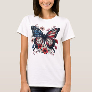 Patriotic Butterfly 4th of July Floral  USA Flag T-Shirt
