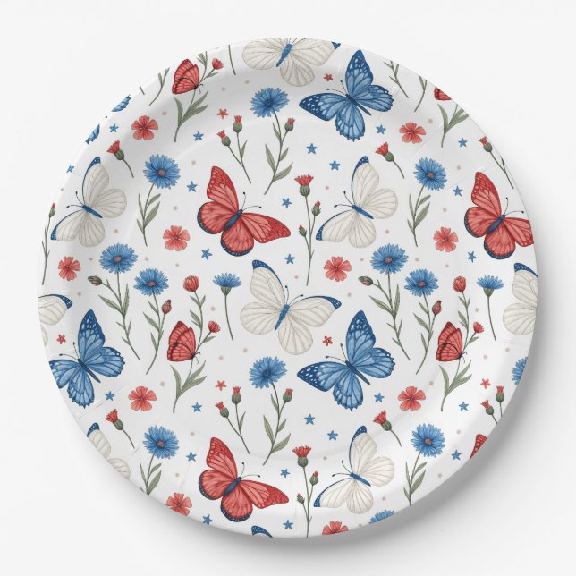 Patriotic Butterfly and Floral Pattern Paper Plate (Front)