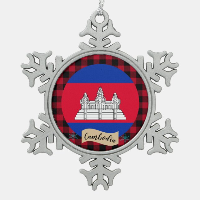 Patriotic Cambodia, buffalo plaid, Cambodian Flag Snowflake Pewter Christmas Ornament (Front)