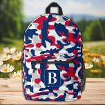 Patriotic Camo Personalised Monogram Camouflage Printed Backpack<br><div class="desc">Introducing our modern and trendy camo backpack, perfect for kids, students, hikers, and day trippers! This cool backpack features a usa patriotic pattern with shades of red white and blue, giving it a military-inspired look that is sure to turn heads. The camo design is not only stylish, but also functional,...</div>