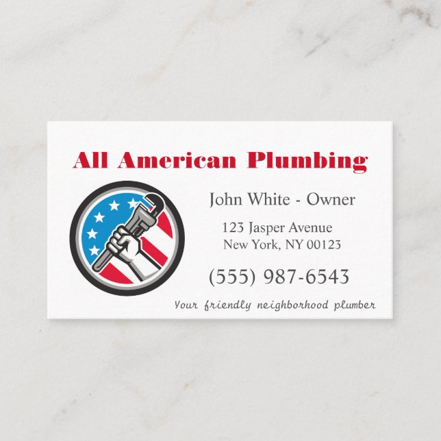 Patriotic Cartoon Plumber Man Plumbing Service Business Card (Front)