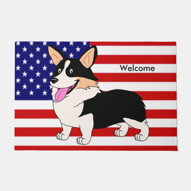 Patriotic Cartoon Welsh Corgi dog with Flag Doormat (Front)