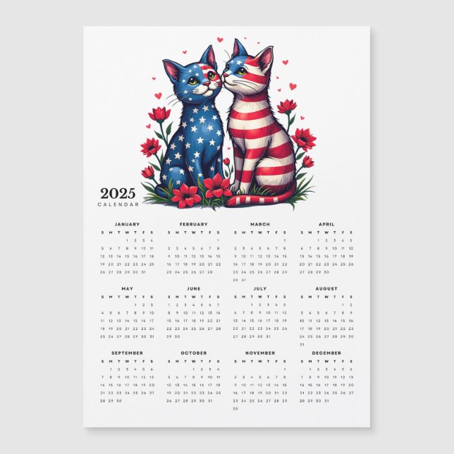 Patriotic Cat Couple in Love 2025 Magnet Calendar (Front)