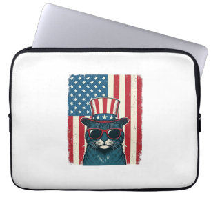 Patriotic Cat Flag Vintage Engraving Shirt Design_ Laptop Sleeve