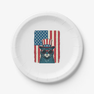 Patriotic Cat Flag Vintage Engraving Shirt Design_ Paper Plate