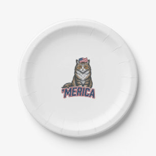 Patriotic Cat Merica Vintage Engraving Shirt Desig Paper Plate