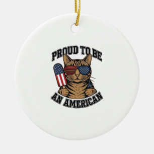 Patriotic Cat Proud to Be American Vintage Vector Ceramic Tree Decoration