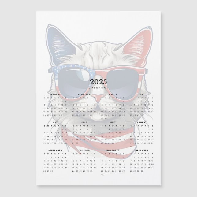 Patriotic Cat Red White Blue 2025 Magnet Calendar (Front)