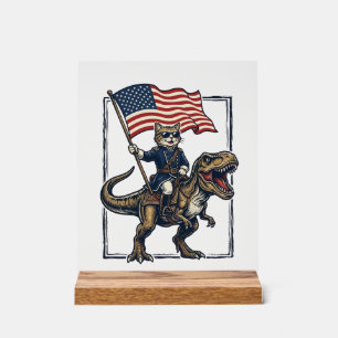 Patriotic Cat Riding Dinosaur Vintage Vector Desig Acrylic Sign