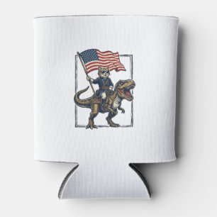 Patriotic Cat Riding Dinosaur Vintage Vector Desig Can Cooler
